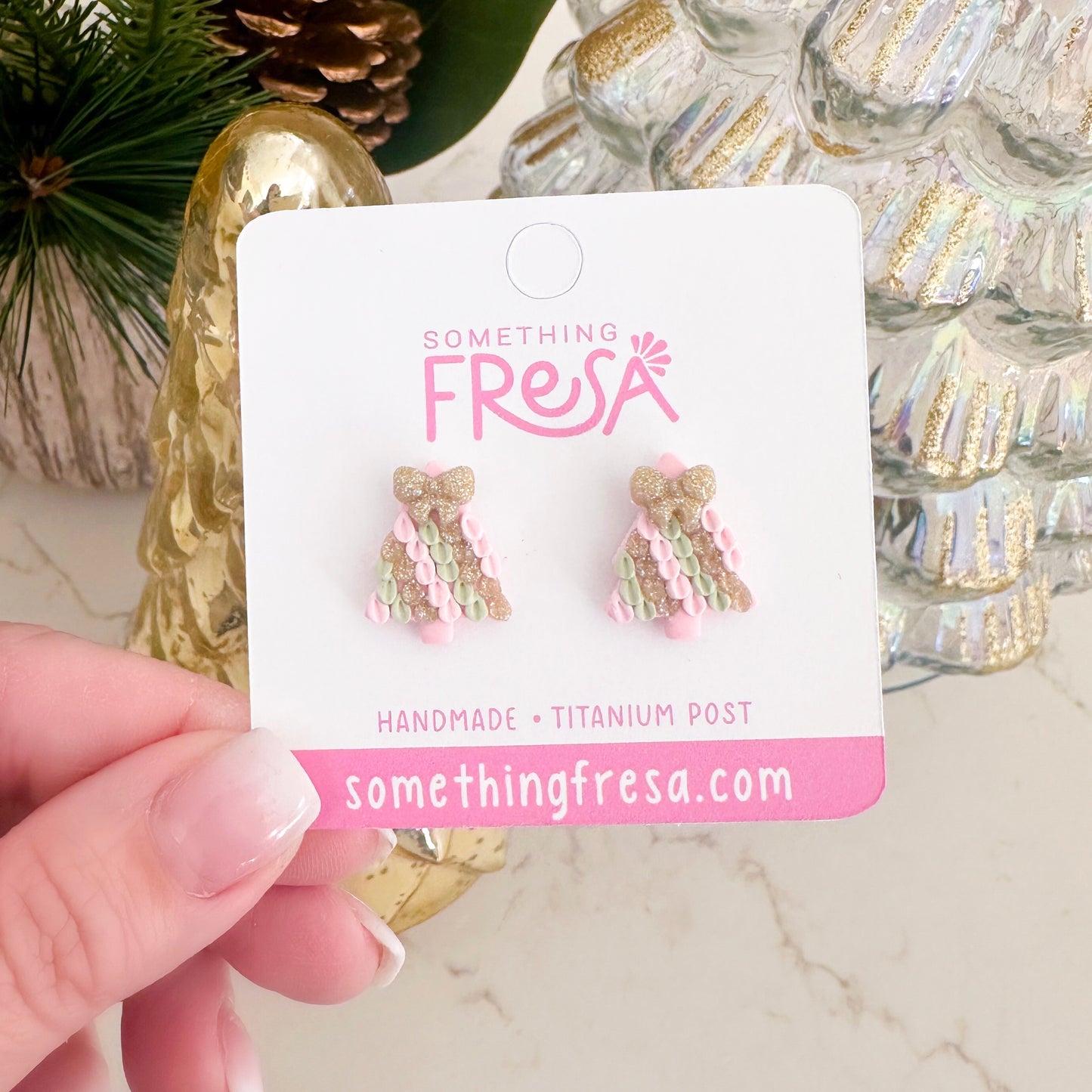 Pink Green Christmas Tree Studs