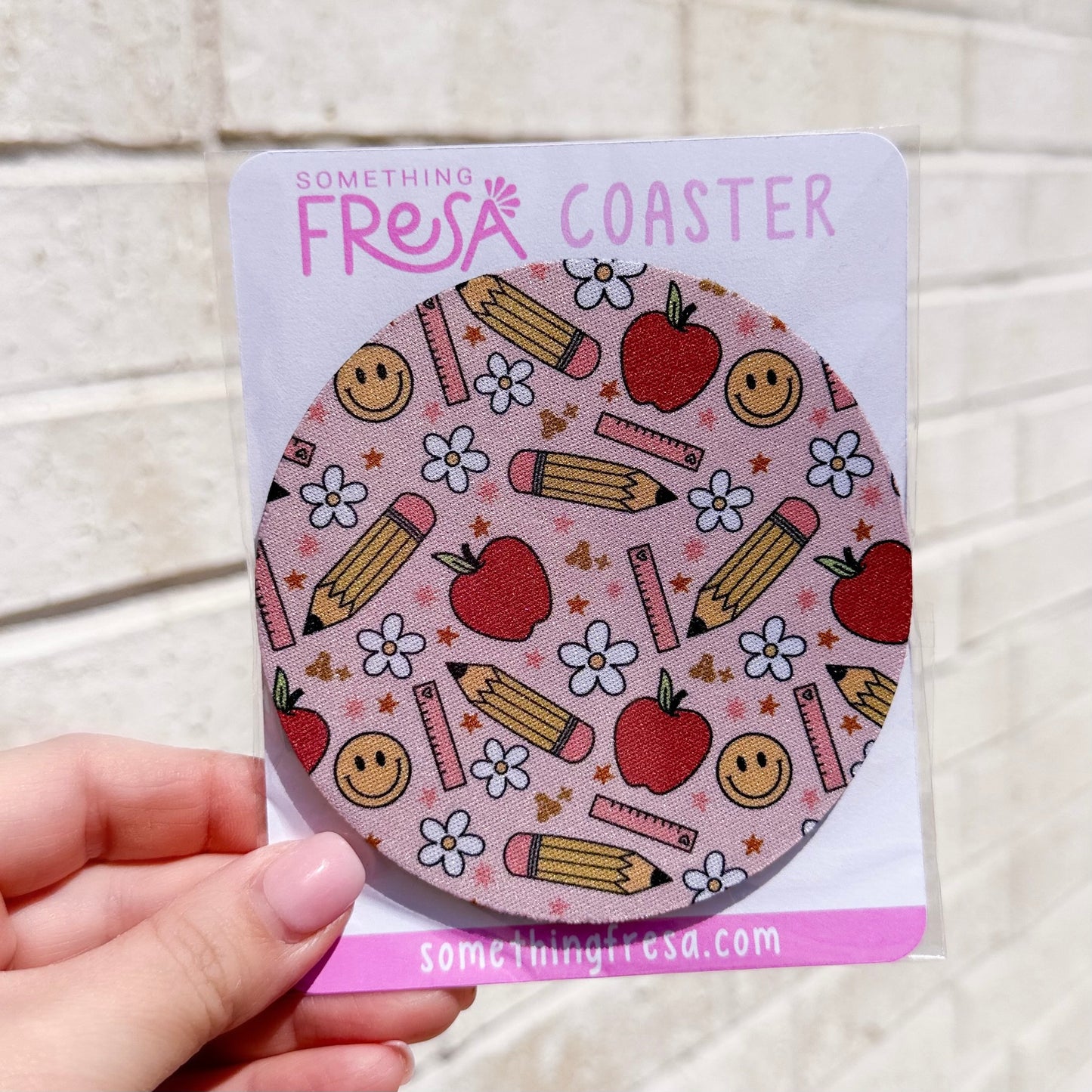 Teacher- Apple, Pencil and Happy Face Coaster