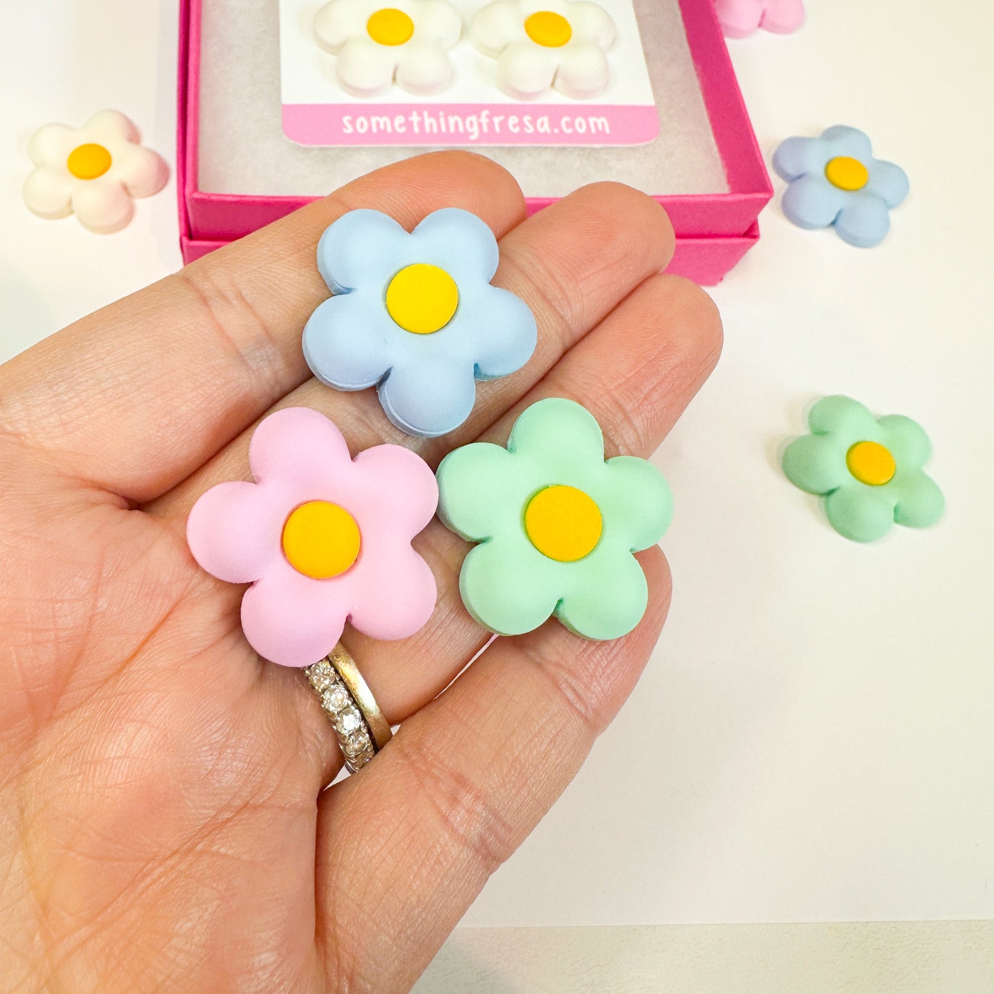 Mint Puffy Flower Studs