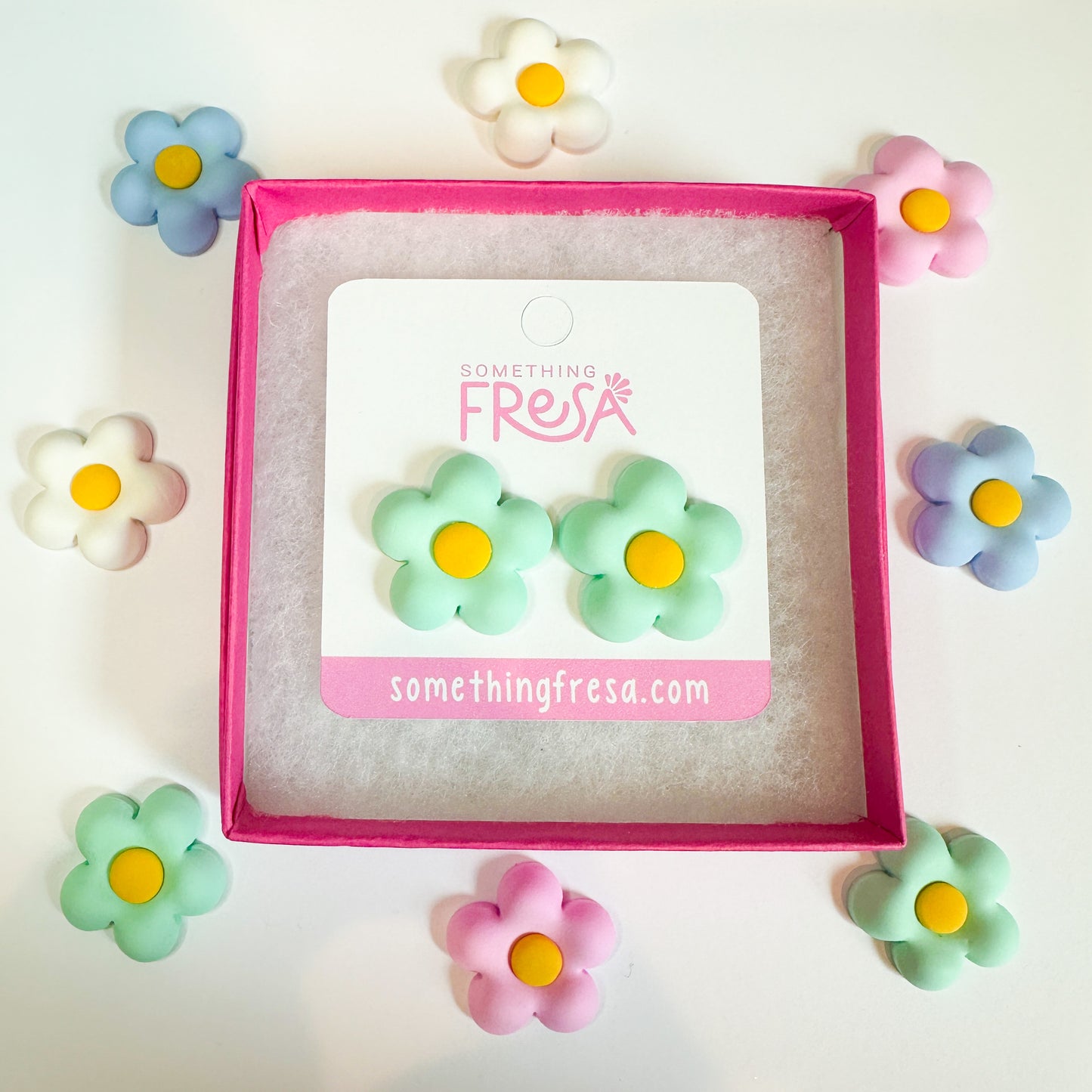 Mint Puffy Flower Studs