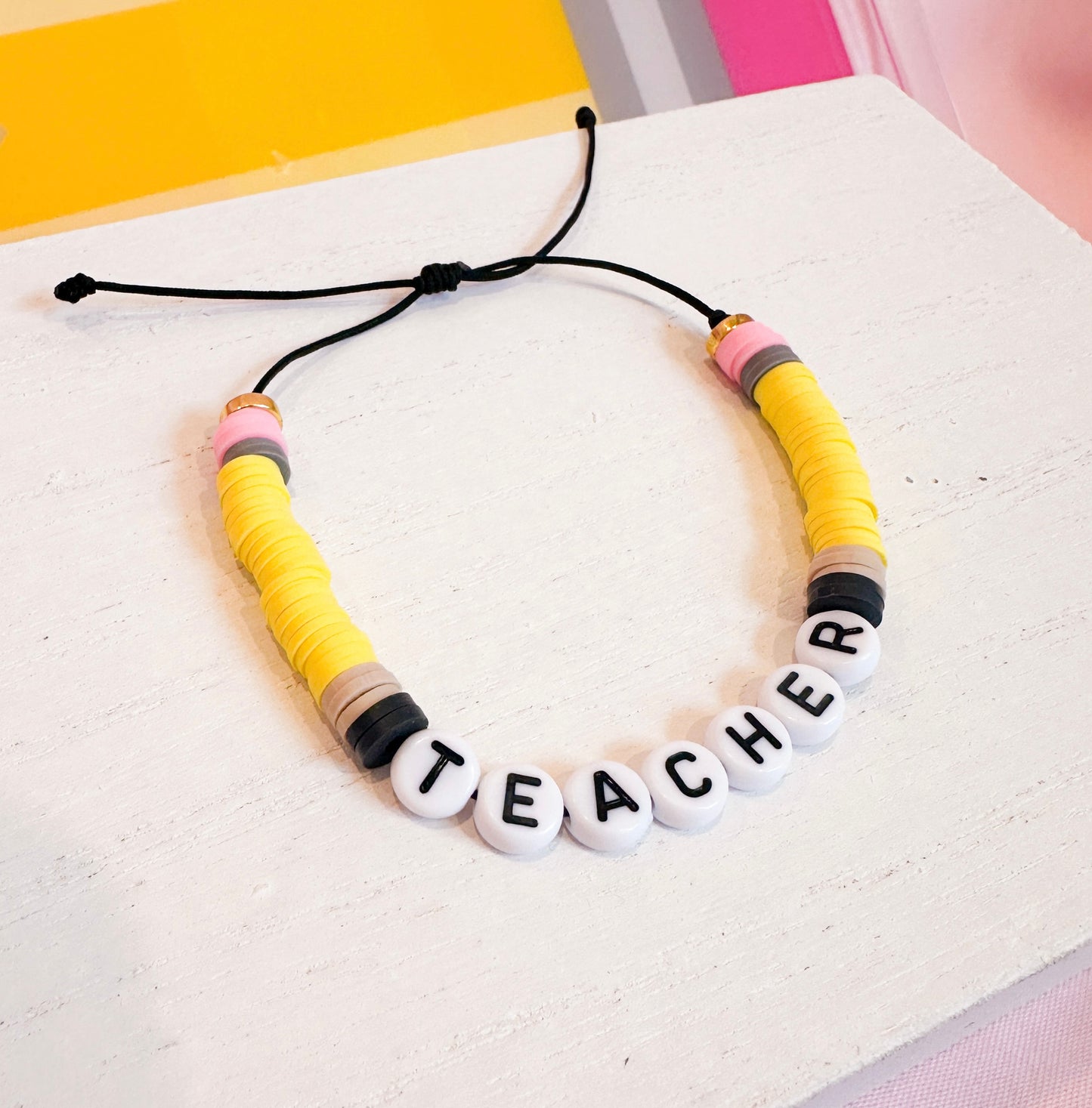 Adjustable Pencil Bracelet (Black Cord and Black Letters)