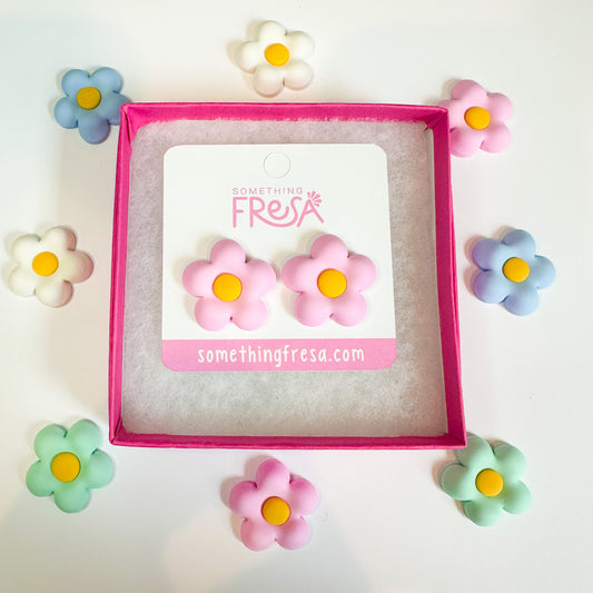 Pink Puffy Flower Studs