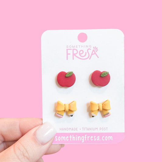 Apple and Pencil Bow Stud Pack