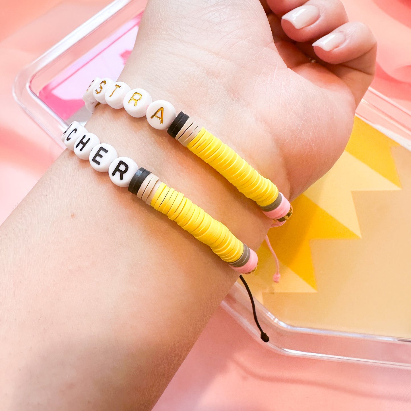 Adjustable Pencil Bracelet (Pink Cord and Gold Letters)