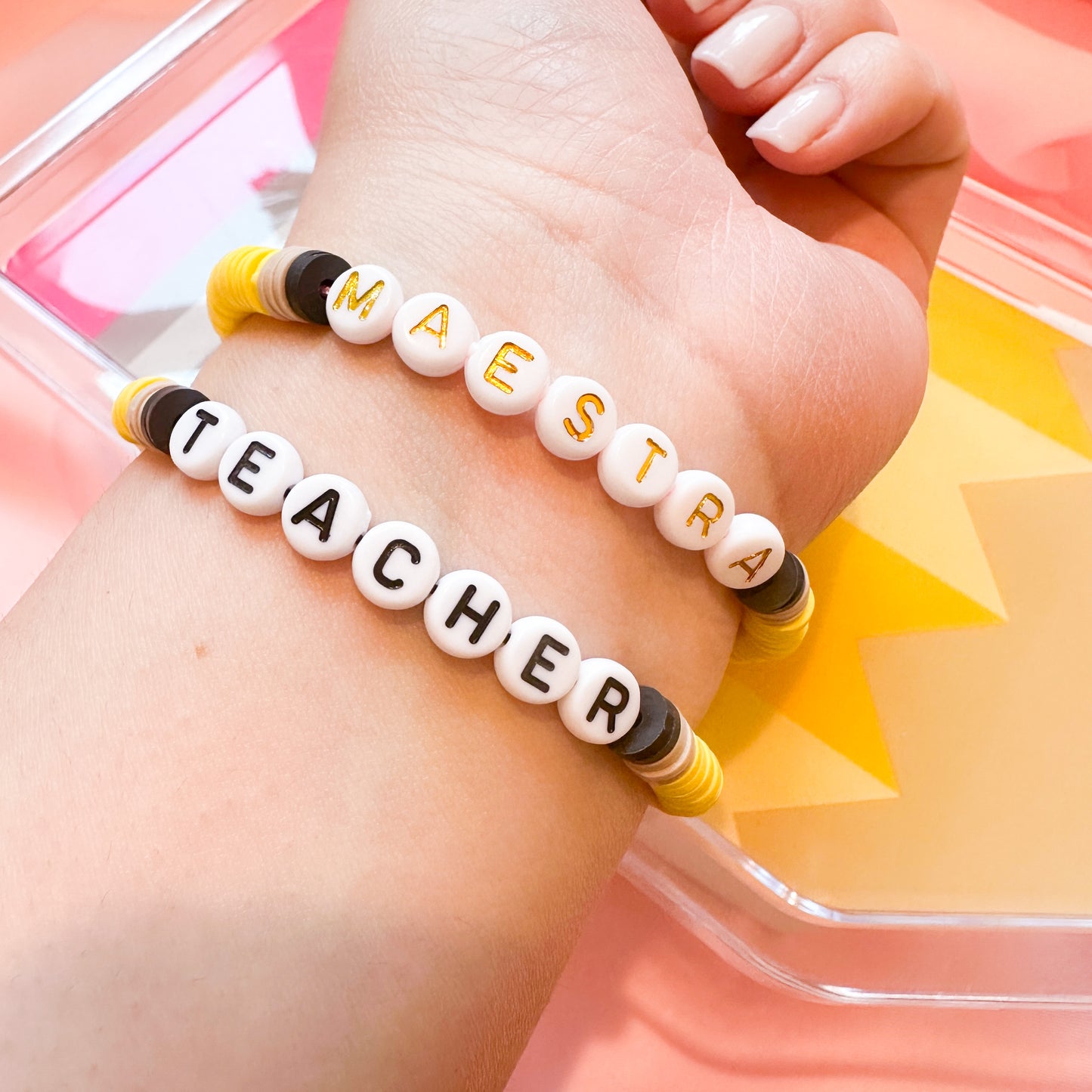 Adjustable Pencil Bracelet (Pink Cord and Gold Letters)