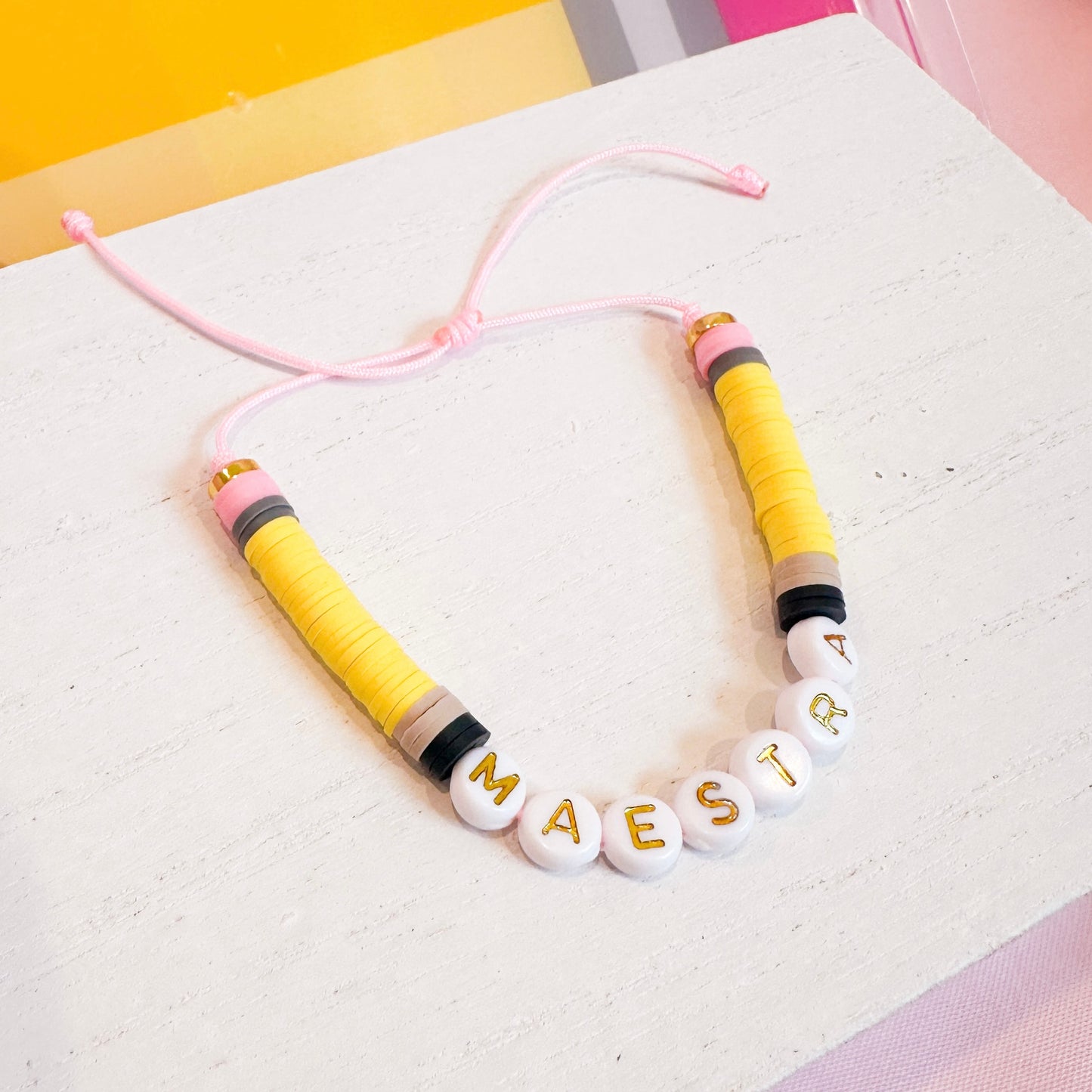 Adjustable Pencil Bracelet (Pink Cord and Gold Letters)